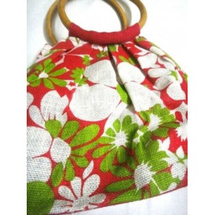 Jute Handbag - Floral Jute Bag with Cane Handles